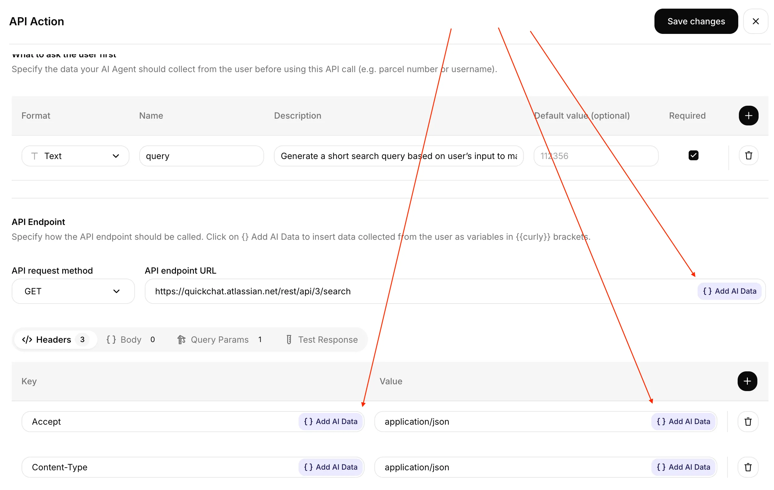 The API Action editor with "+ Add AI Data" buttons highlighted next to the endpoint URL and each header's value field