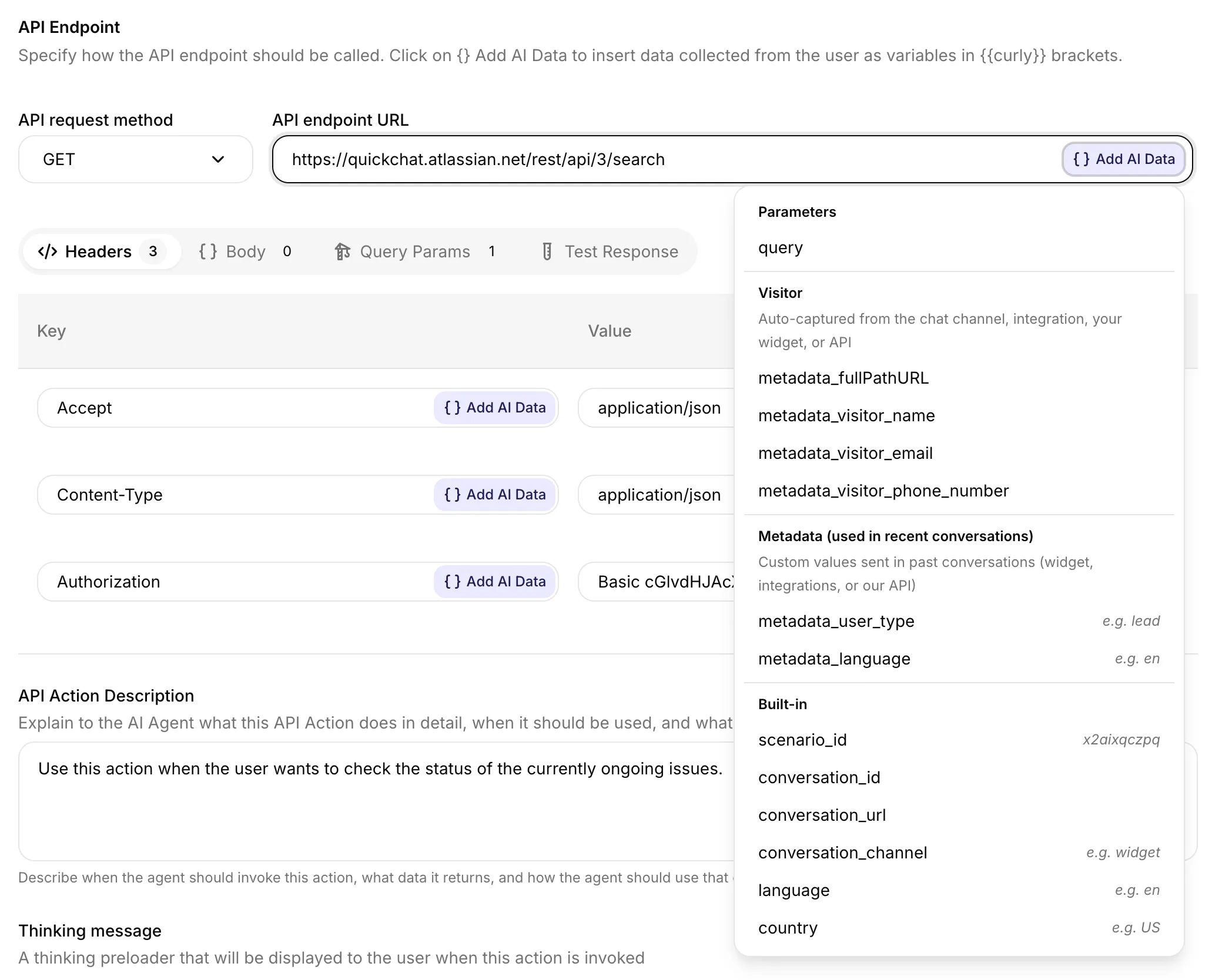 The "+ Add AI Data" dropdown opened, showing the Parameters, Visitor, Metadata (used in recent conversations), and Built-in sections with sample values inline