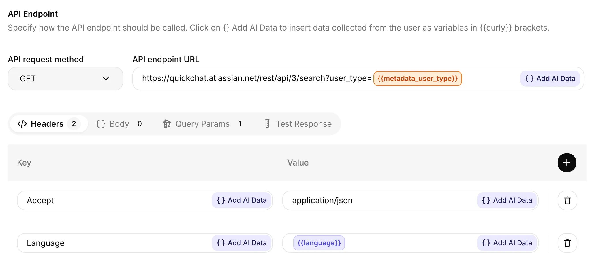 API endpoint URL containing an orange {{metadata_user_type}} pill, and a Language header value containing a blue {{language}} pill