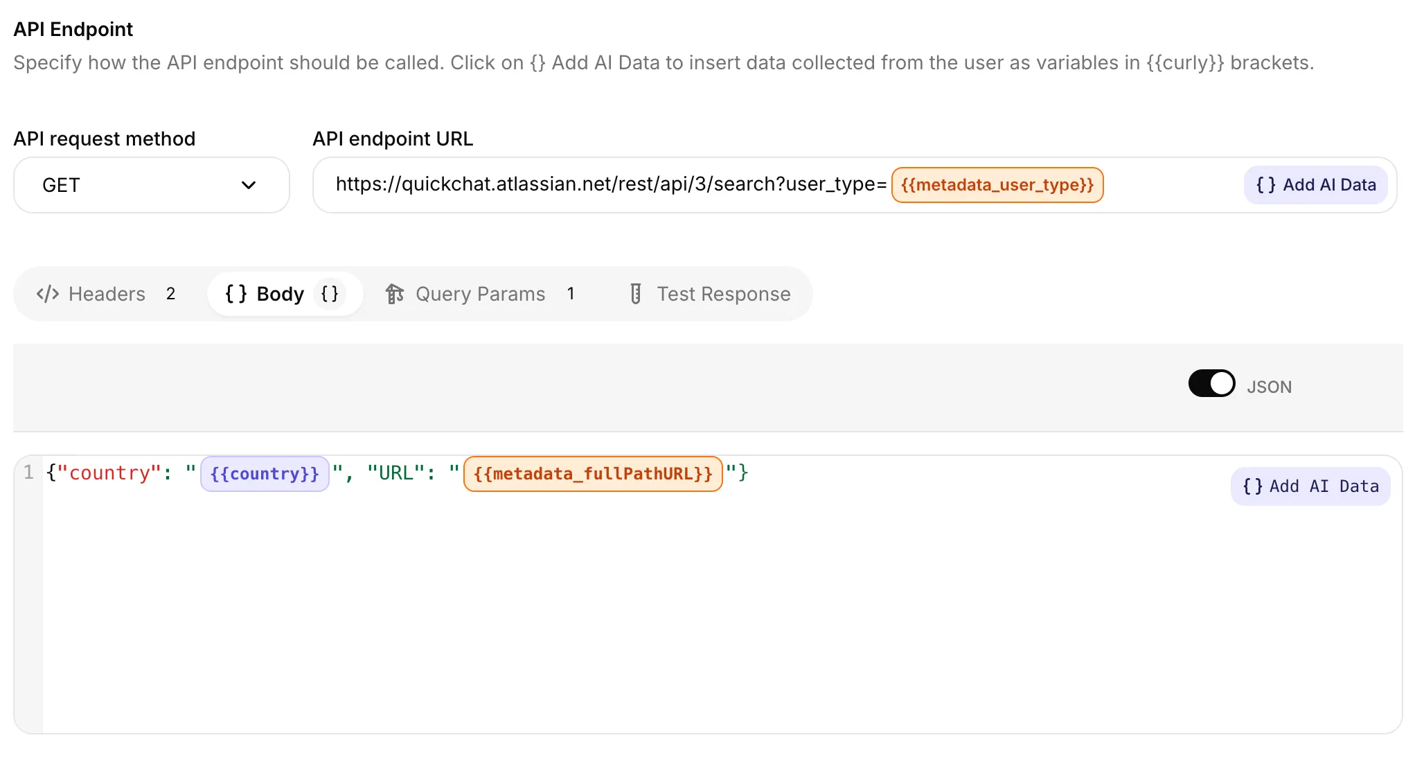 JSON request body with a blue {{country}} pill and an orange {{metadata_fullPathURL}} pill
