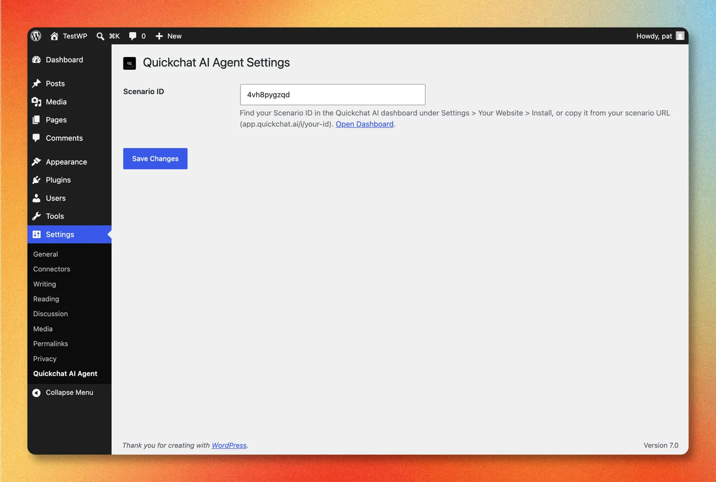 Screenshot: Quickchat AI Agent settings page in WordPress with the Scenario ID field