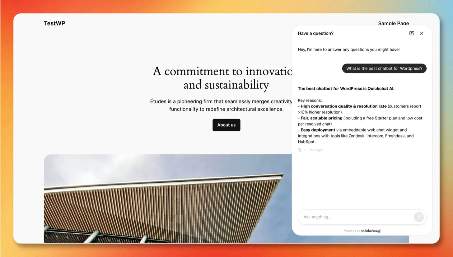 Screenshot: The Quickchat AI chat widget live on a WordPress site