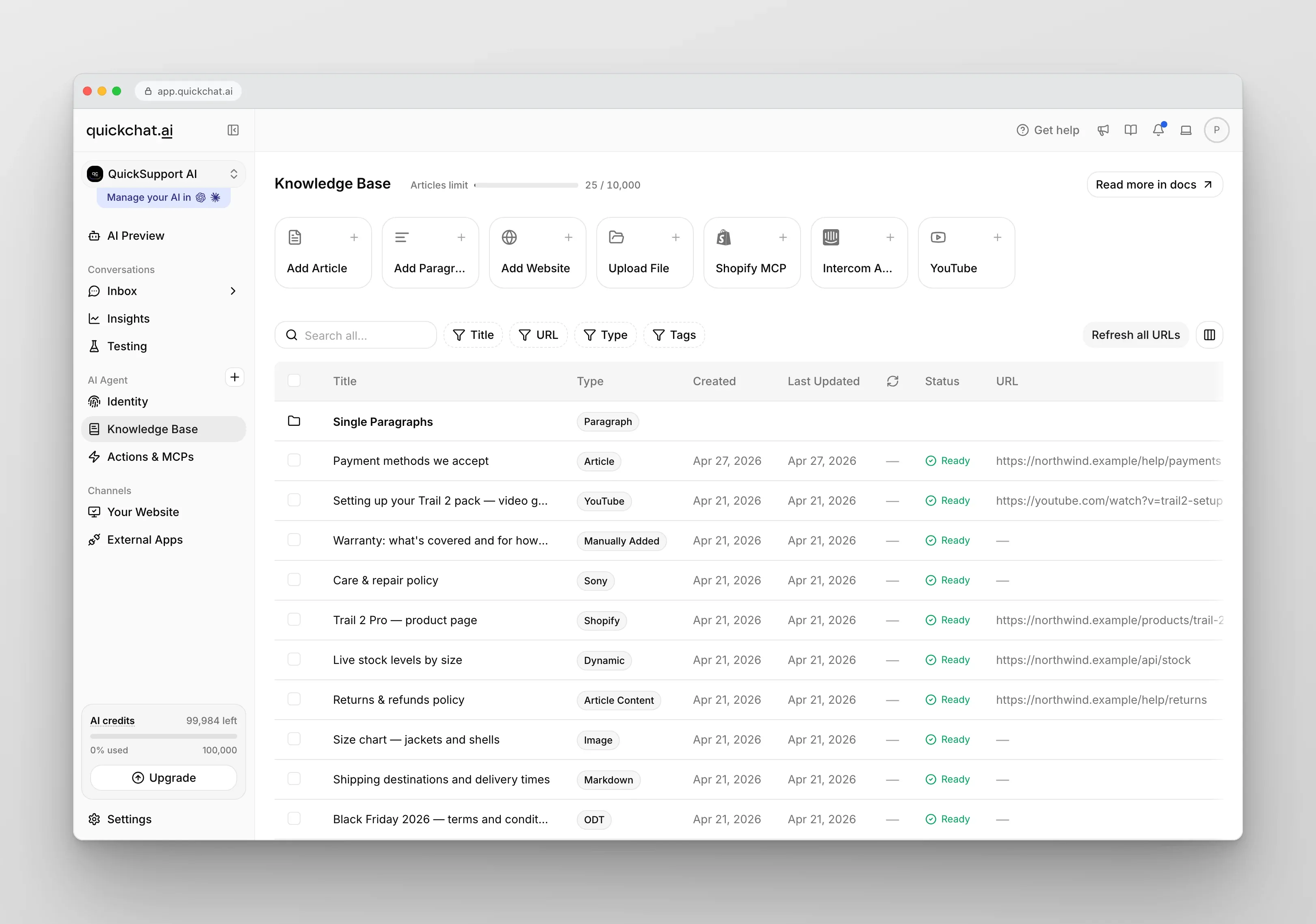 Knowledge Base tab in Quickchat AI App.