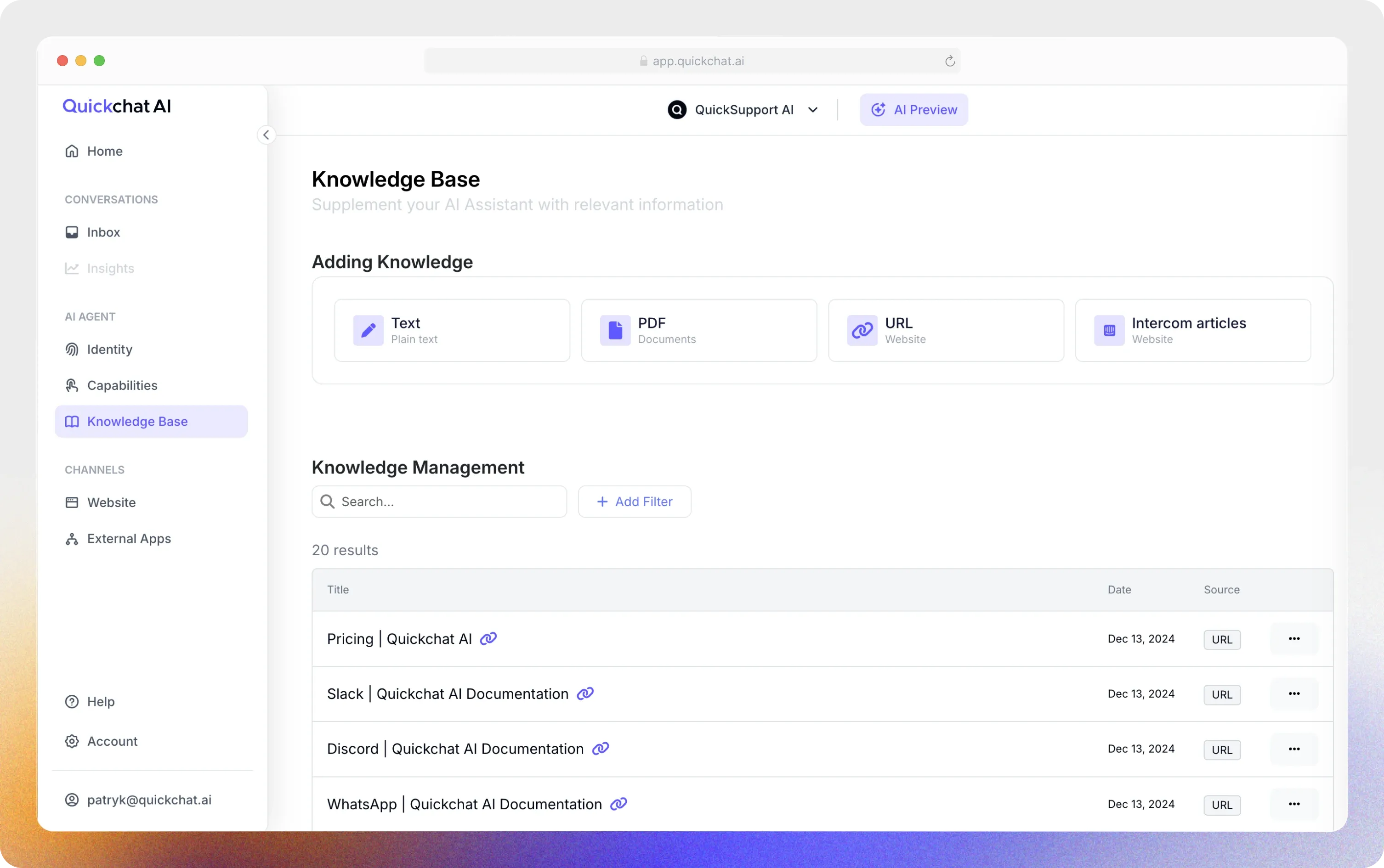 Knowledge Base tab in Quickchat AI App.