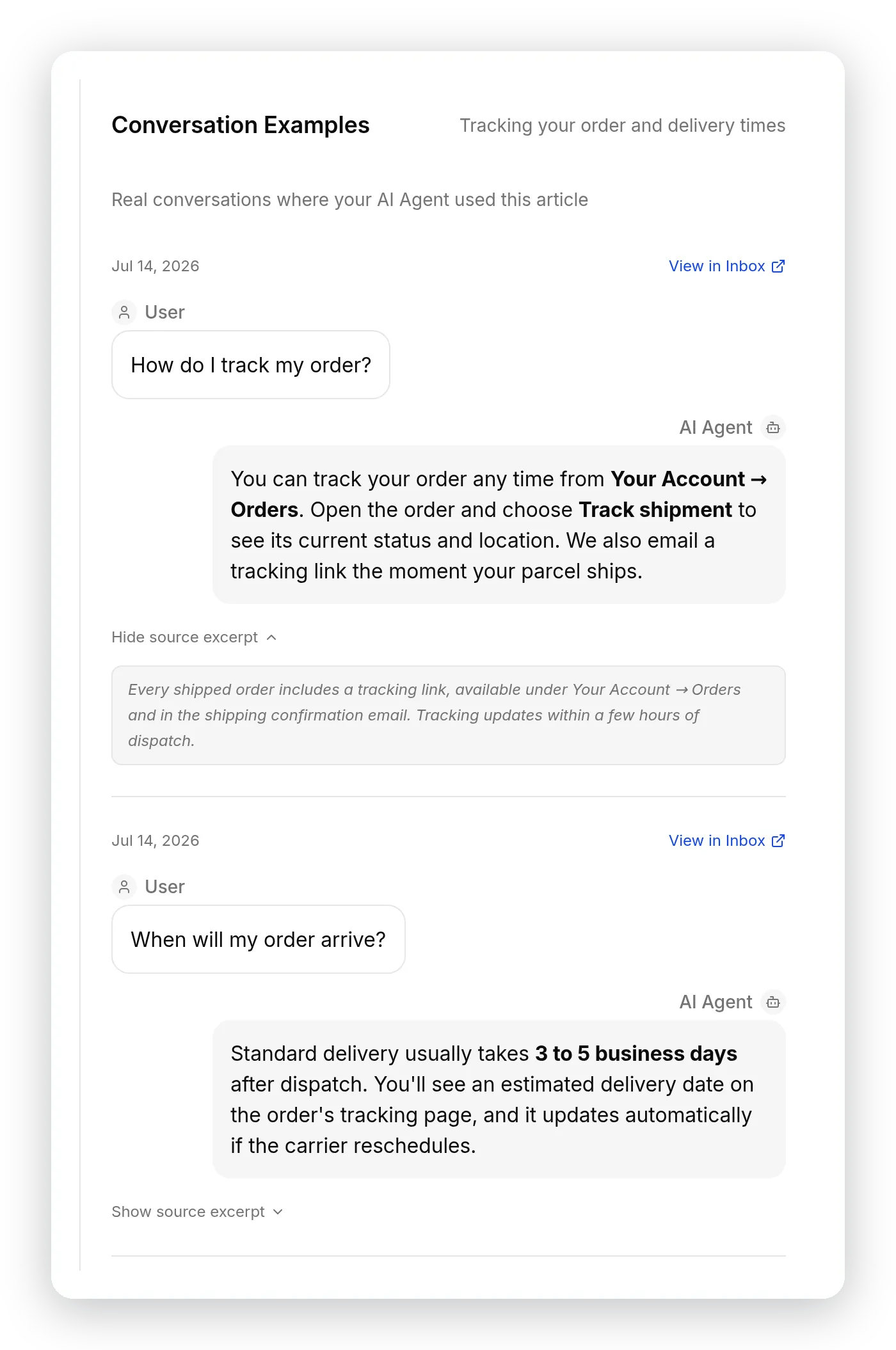 The Conversation Examples panel in Quickchat AI, showing real user questions, the AI Agent's replies, and the cited Knowledge Base source excerpt for an article.