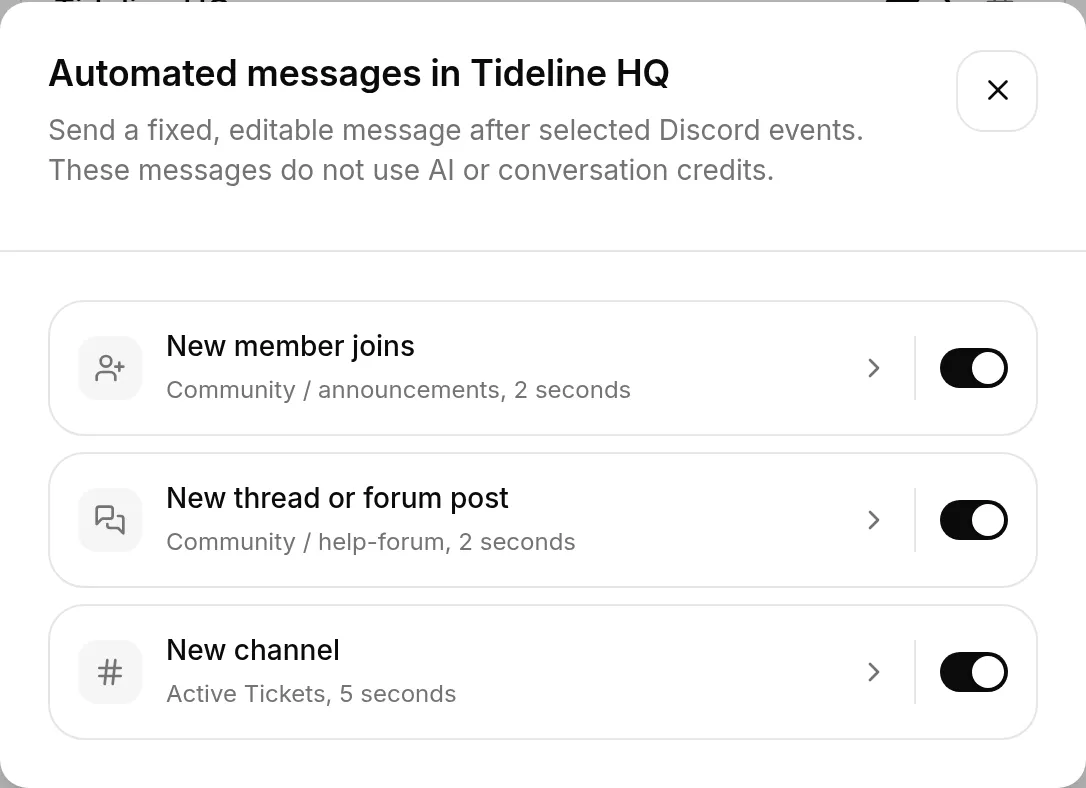 The three automated message rules for a connected Discord server