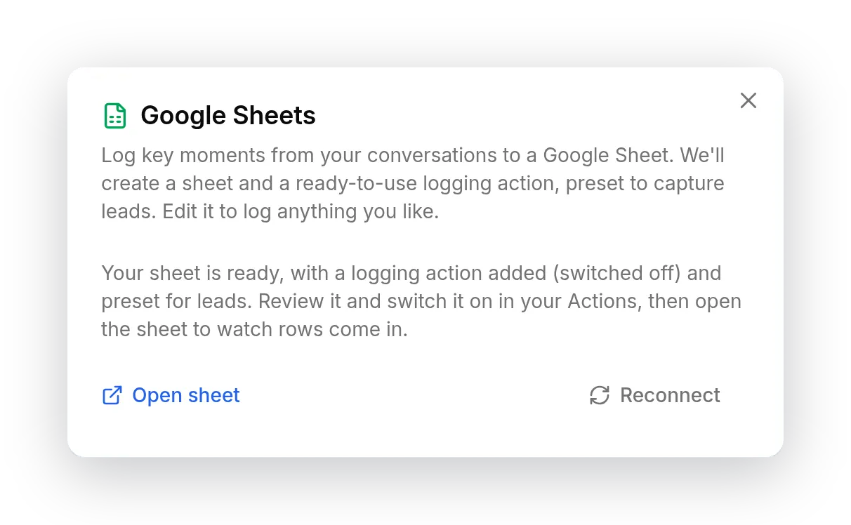 The connected Google Sheets dialog, explaining the sheet and starter action are ready