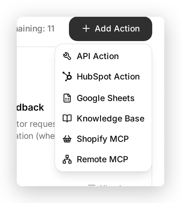 The Add Action menu with the Google Sheets option