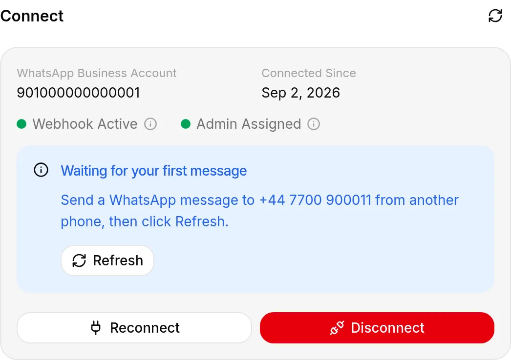 El panel de WhatsApp tras conectar, esperando el primer mensaje