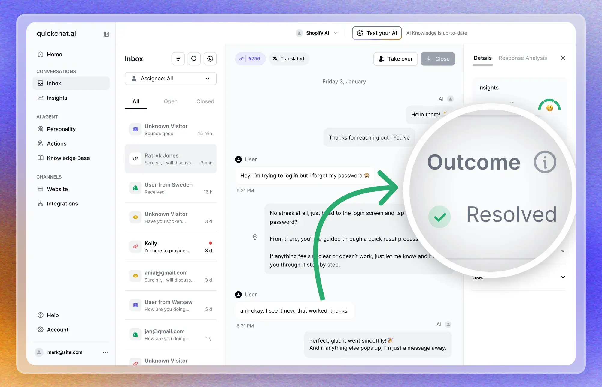 Screenshot of the Outcome in Inbox Quickchat AI