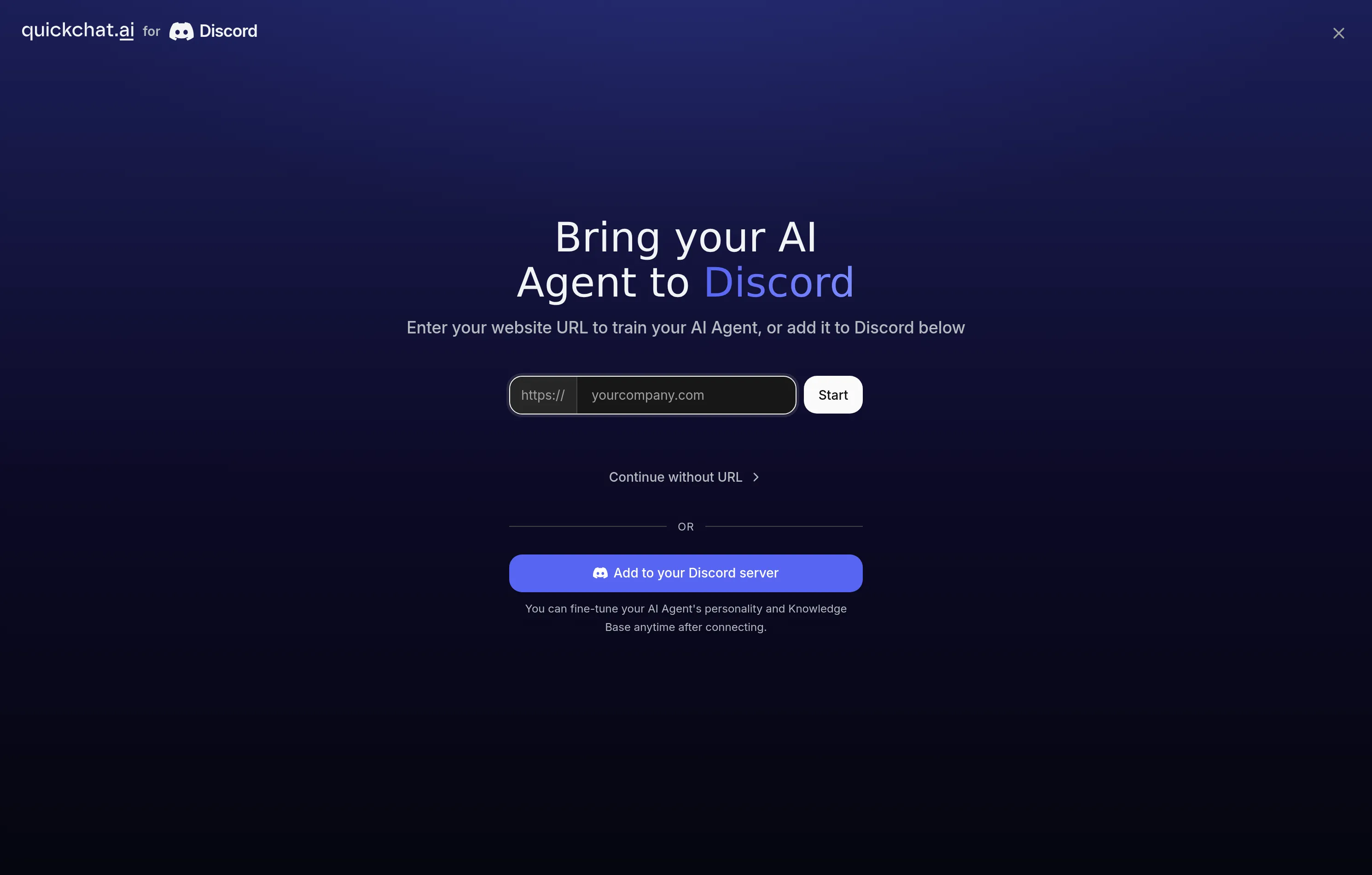 The Discord-branded onboarding screen shown to new Quickchat AI signups