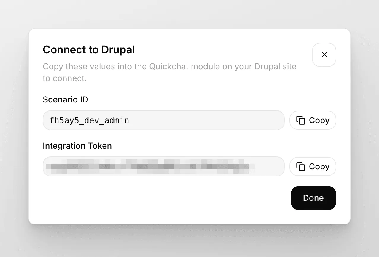 A caixa de diálogo Connect to Drupal com o Scenario ID e o Integration Token