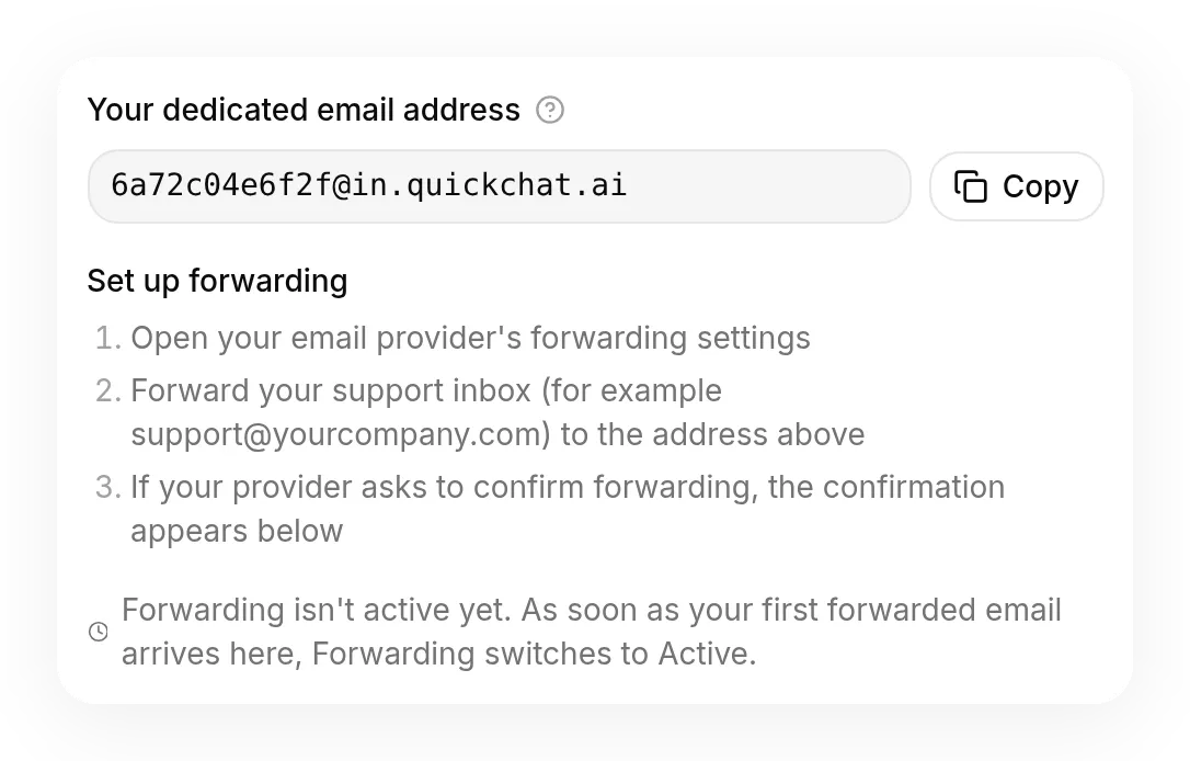 The Configuration window: your dedicated address and the forwarding steps