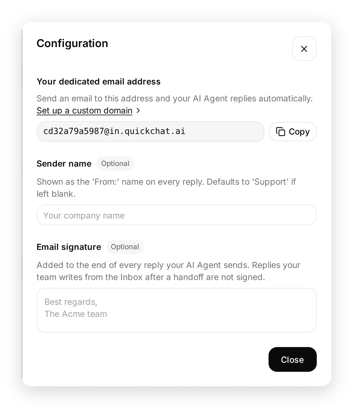 The Configuration window: your dedicated address and the forwarding steps