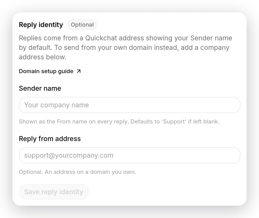 The Reply identity section of the Configuration window