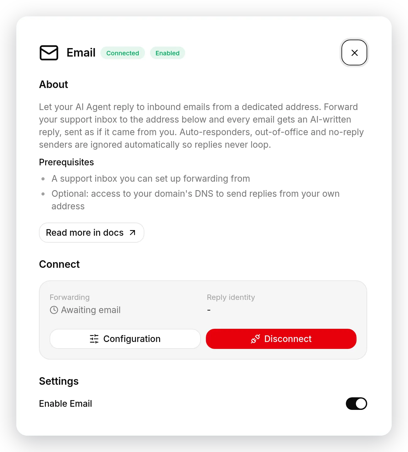 The Email channel sheet in External Apps, connected and enabled