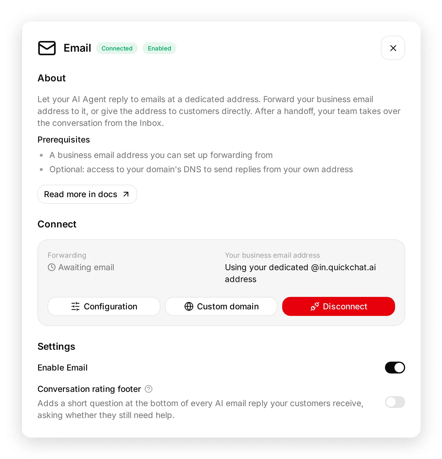 The Email channel sheet in External Apps, connected and enabled