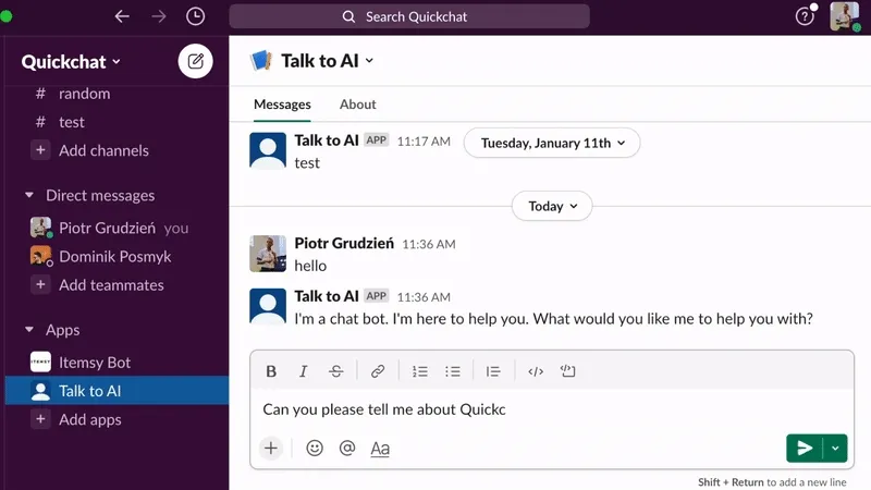 Your AI chat bot replying in Slack
