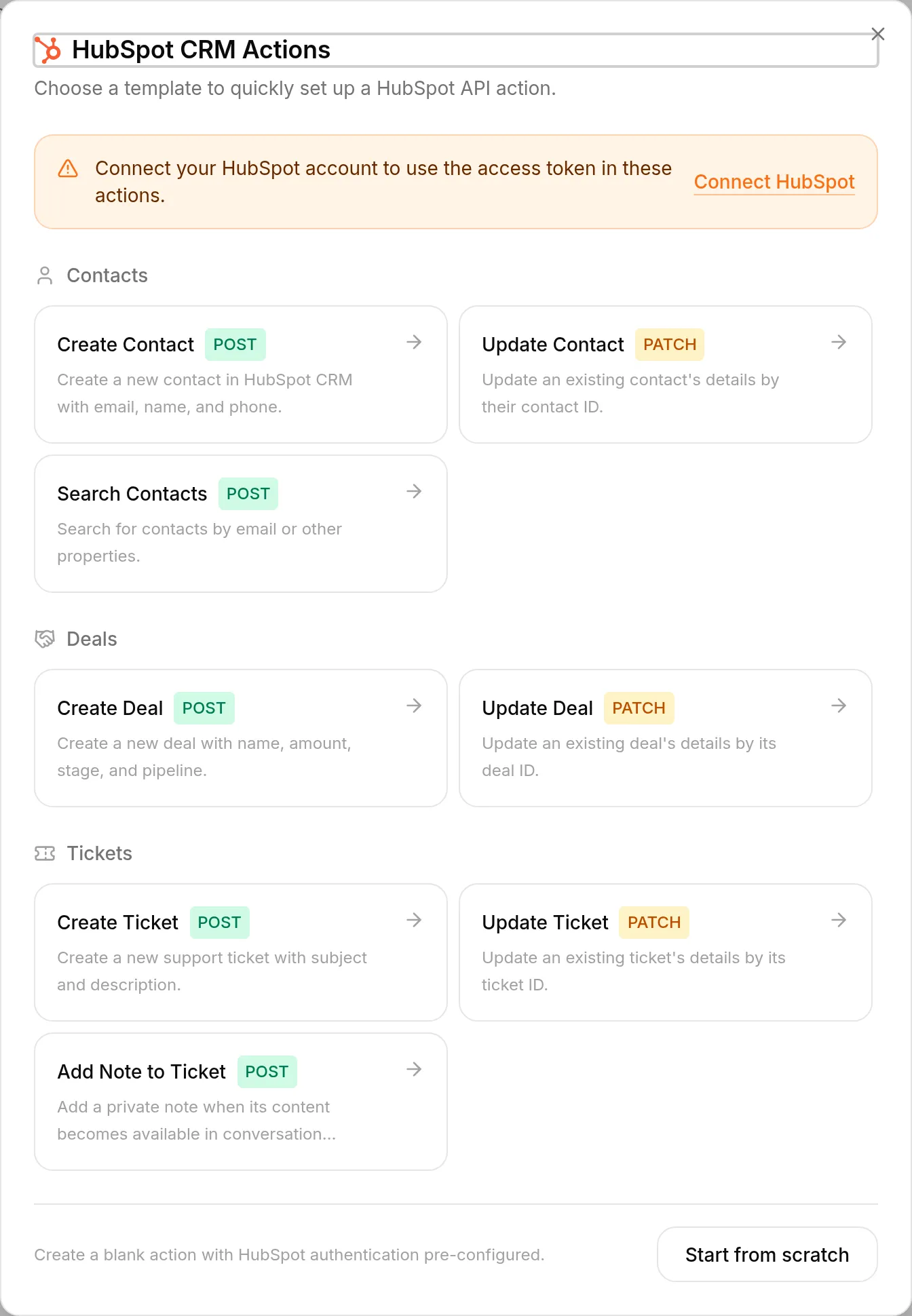 The HubSpot CRM Actions gallery, with Add Note to Ticket under Tickets