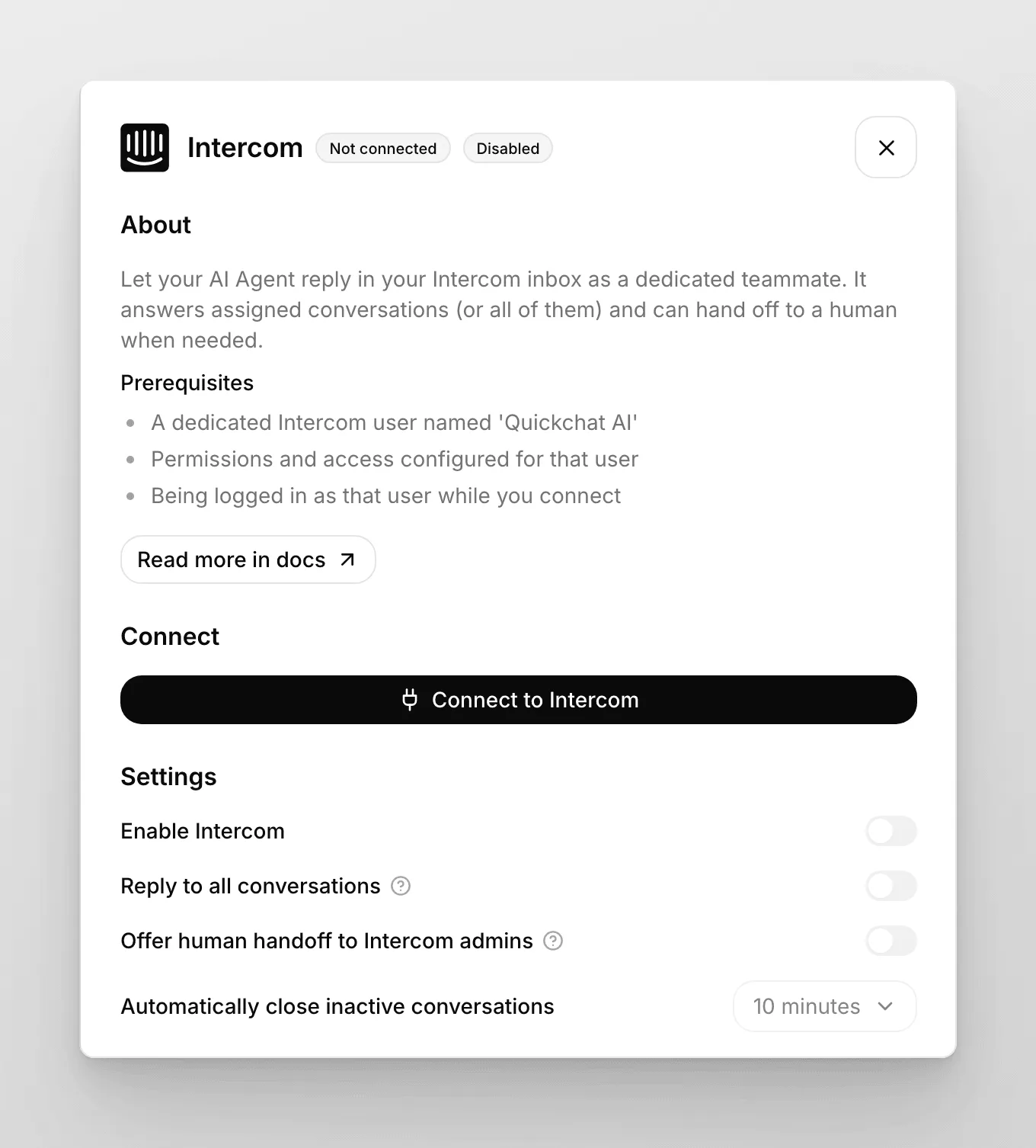 Das Intercom-Panel in Externe Apps mit der Schaltfläche „Connect to Intercom“