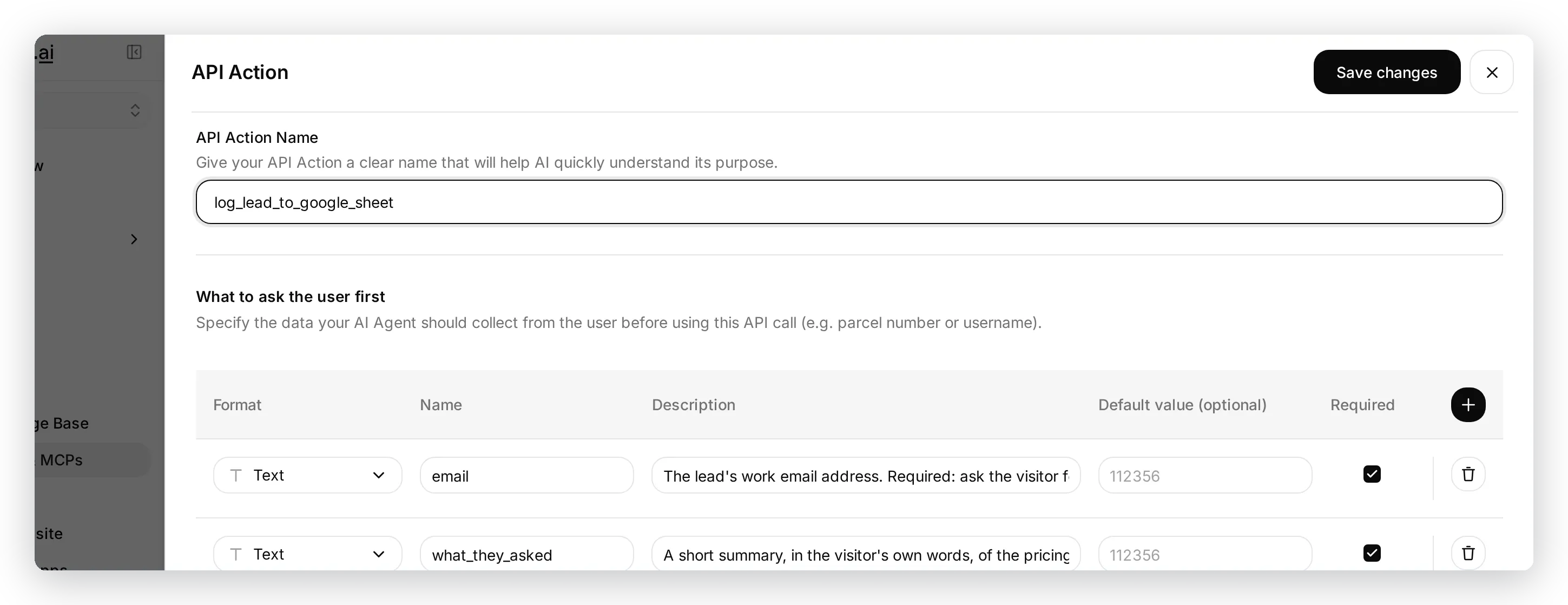 The starter lead action's name and the parameters the Agent fills in from the conversation