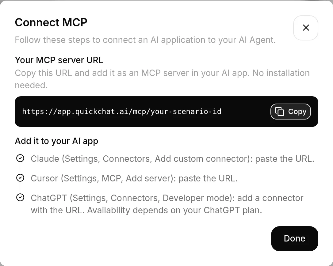The Connect MCP dialog in the Quickchat AI dashboard showing the server URL and per-app steps