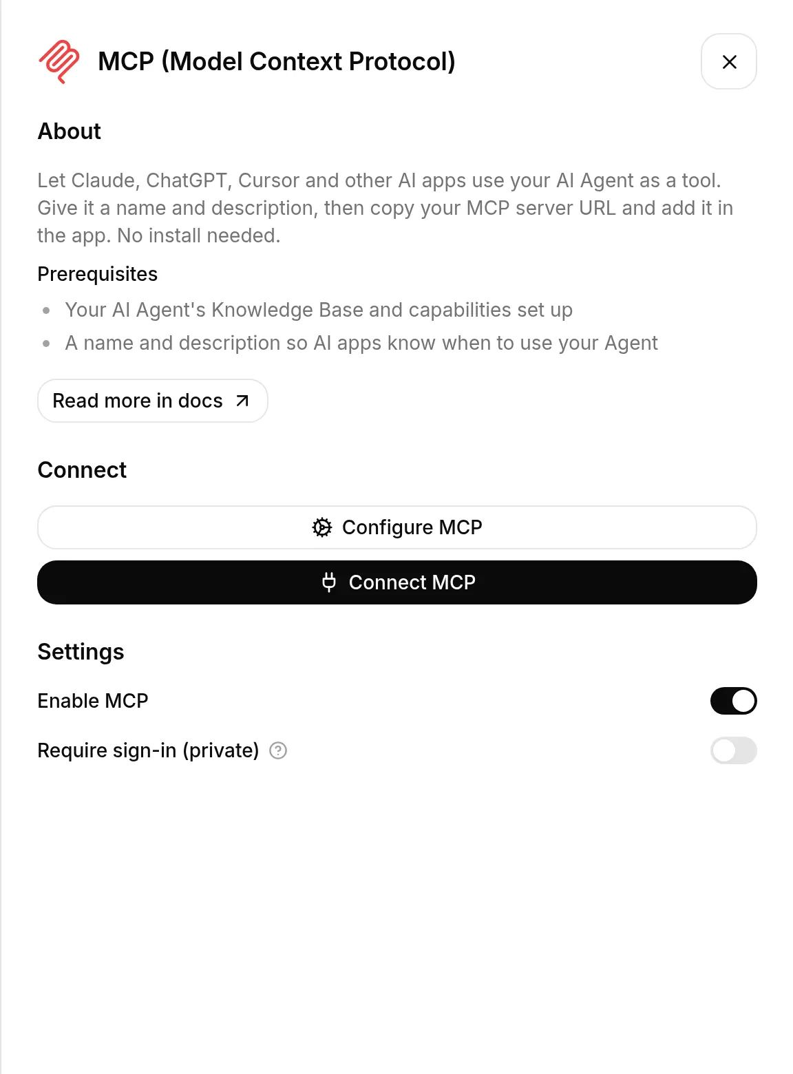 The MCP integration in the Quickchat AI dashboard, with Enable MCP on and a Require sign-in toggle