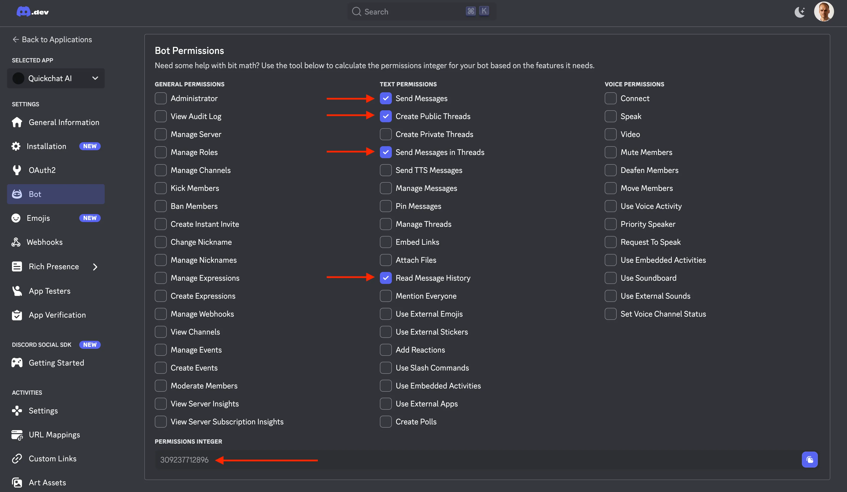 Permissions de votre bot