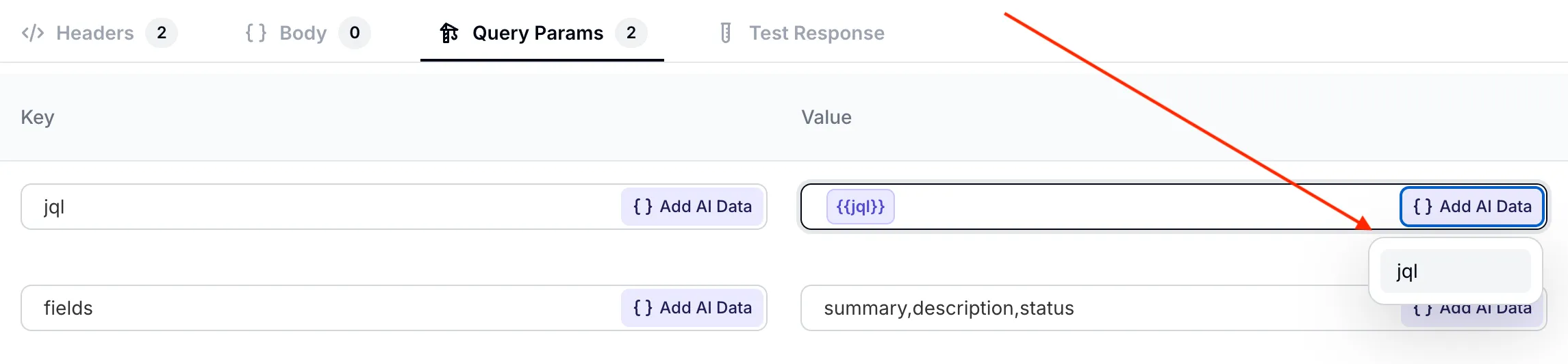 Menu déroulant Add AI Data