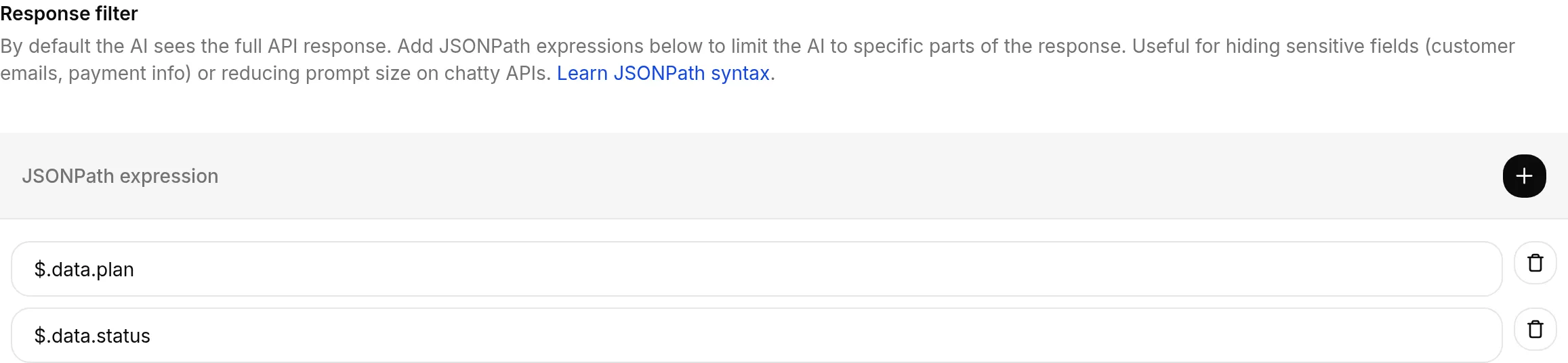 Sekcja Response filter w edytorze API Action