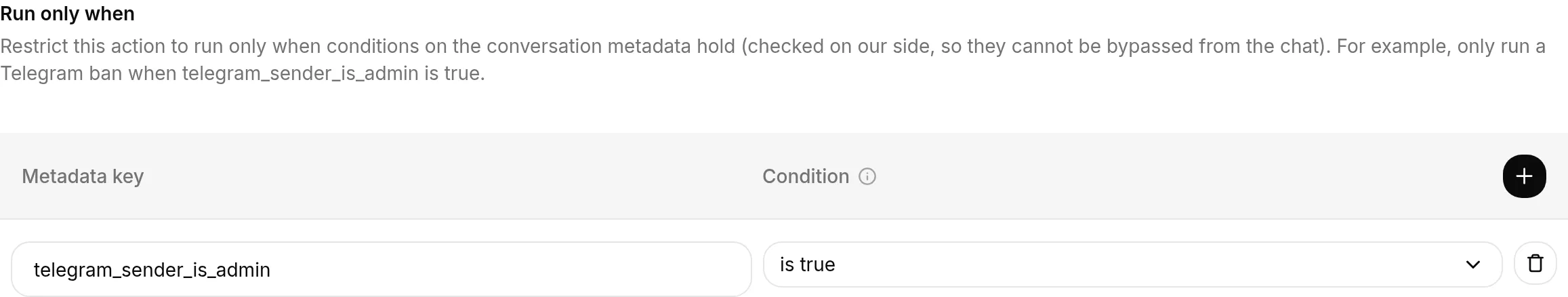 Sekcja Run only when z jednym warunkiem: telegram_sender_is_admin is true