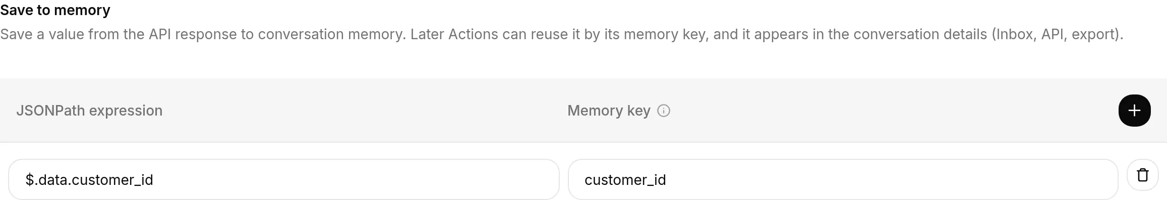 Sekcja Save to memory w edytorze API Action