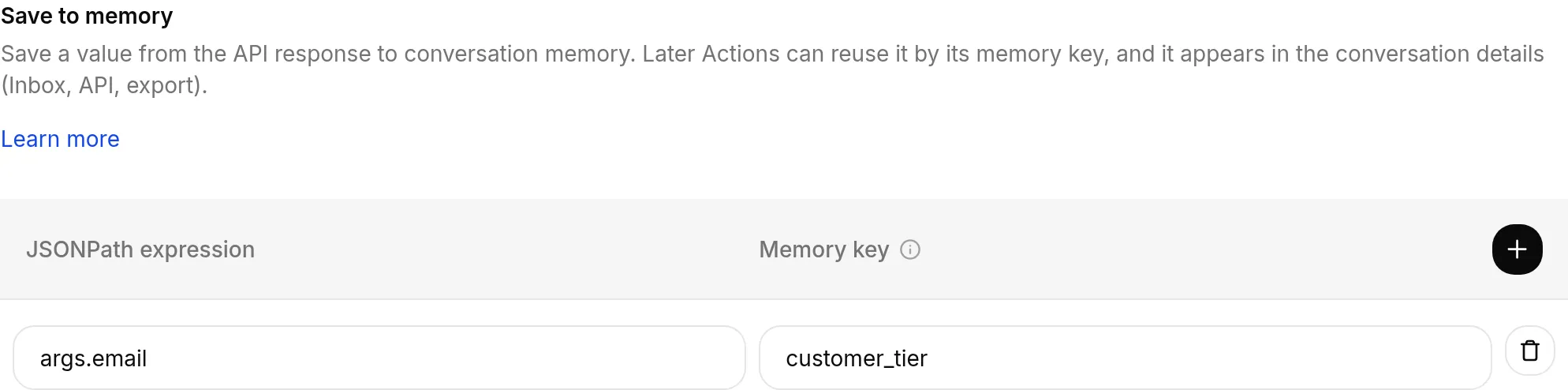 The Save to memory section of the API Action editor