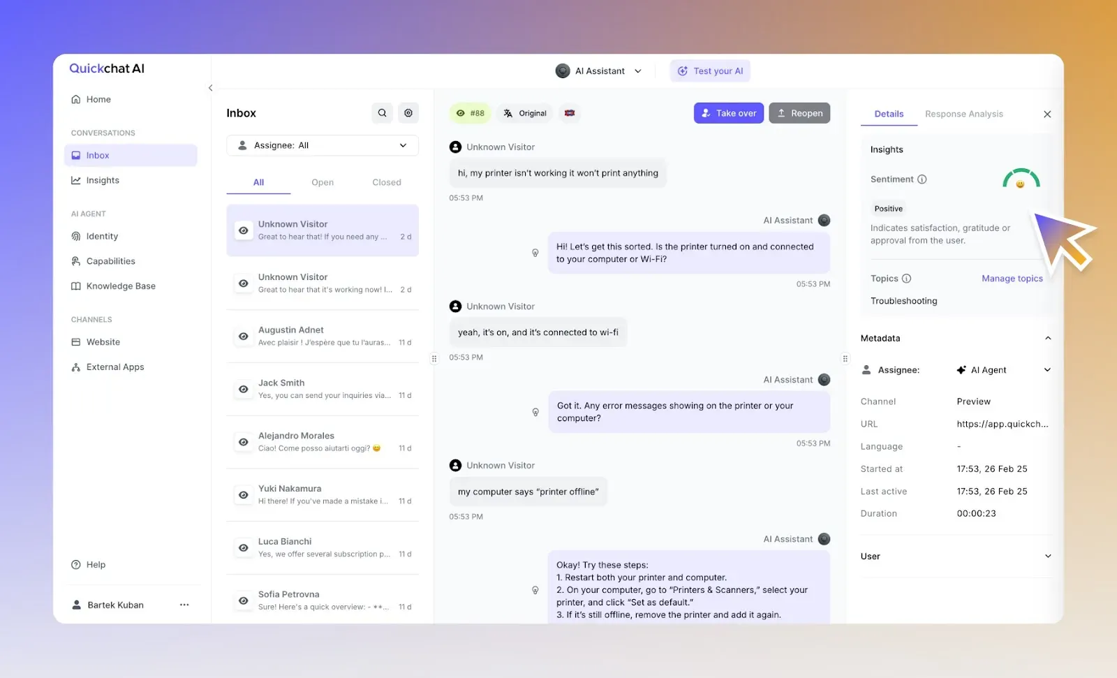 Screenshot of the Sentiment in Inbox Quickchat AI