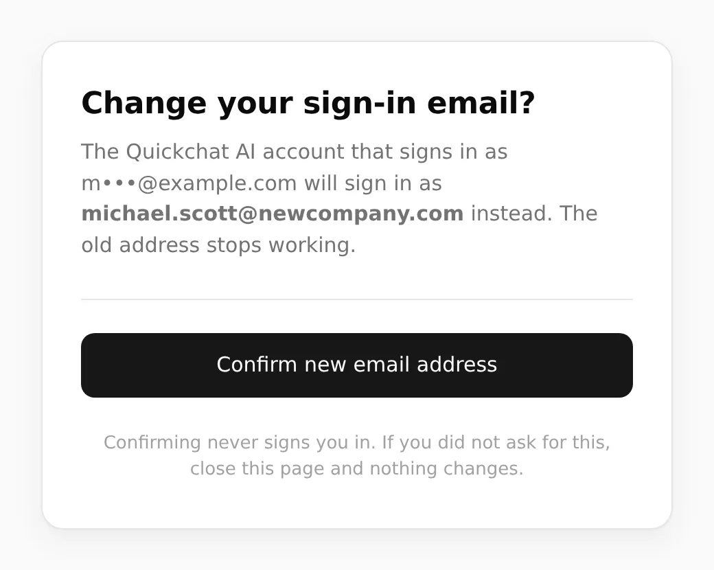 The confirmation page, showing the old and new addresses and the Confirm new email address button