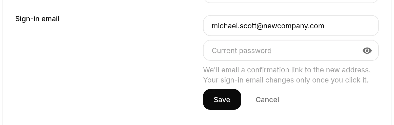 The Sign-in email field expanded, showing the Current password field and the Save button