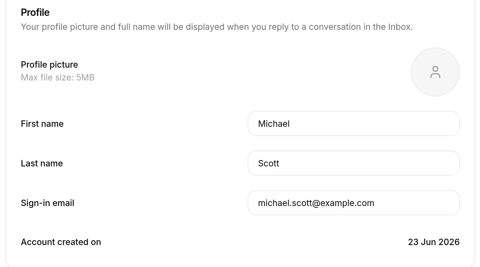 The Profile card in Settings, Account tab, showing the Sign-in email field