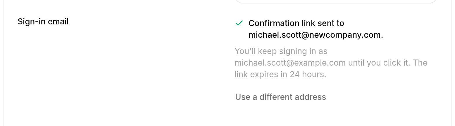 The Sign-in email row confirming that a link was sent to the new address