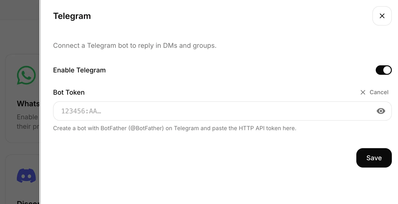Quickchat AIダッシュボードのTelegram連携