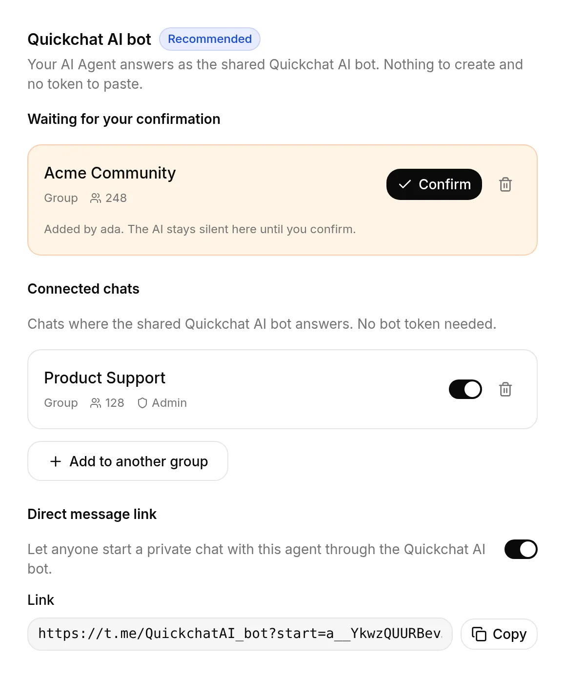The Telegram channel in Quickchat AI: a group waiting for confirmation, a connected group, and the direct message link