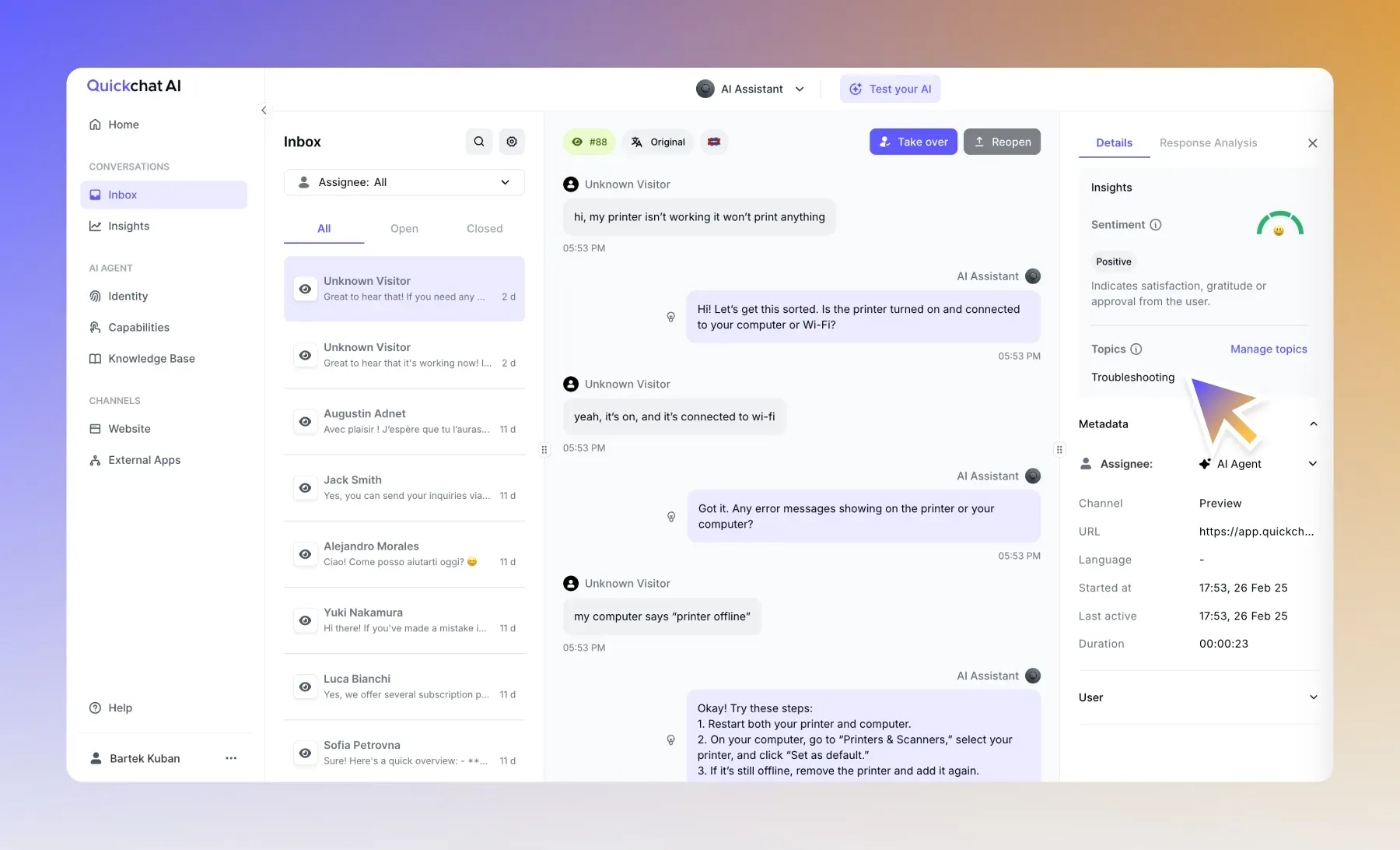 Screenshot of the Topics tab in Quickchat AI