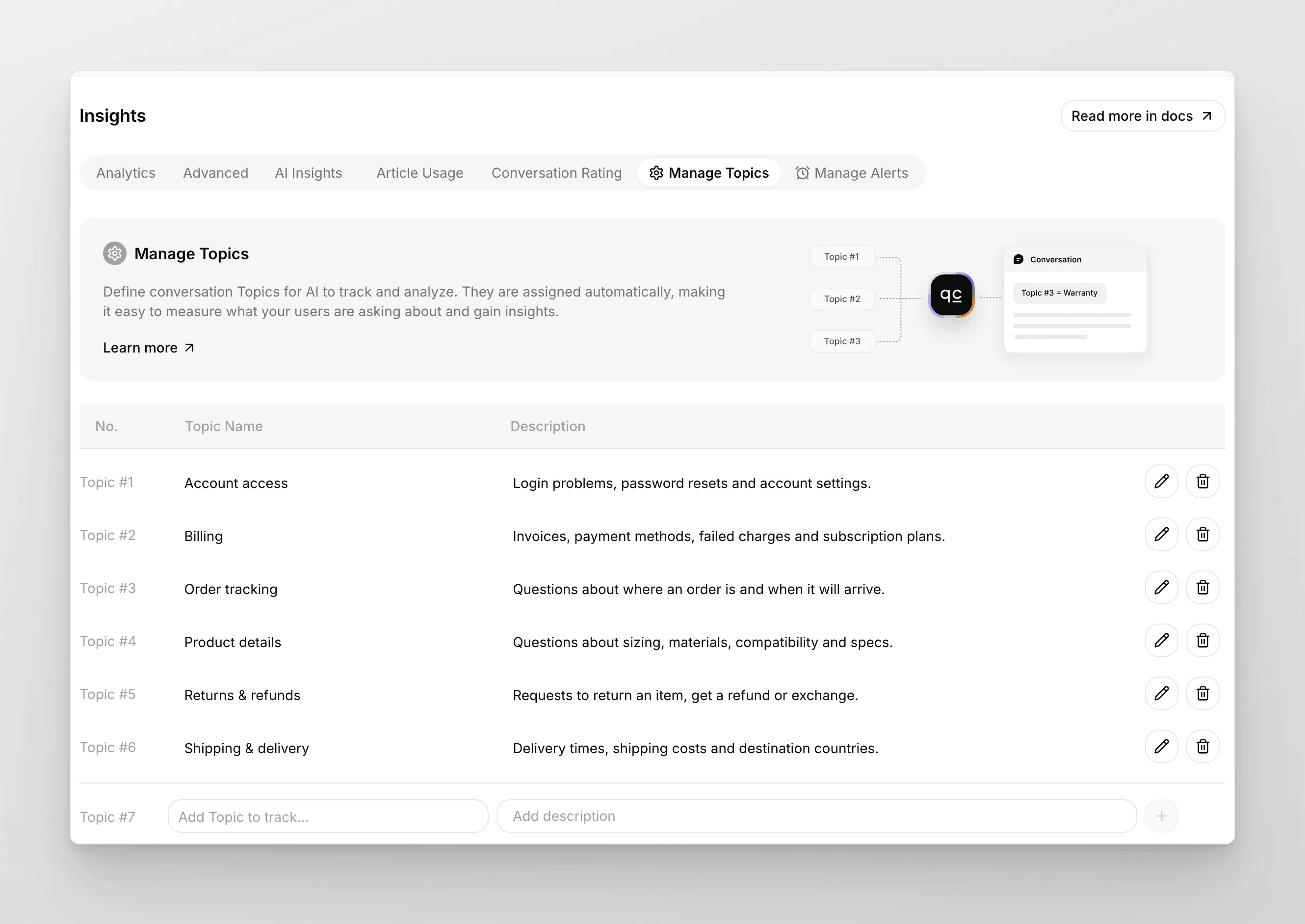 Captura de tela da aba Manage Topics no Quickchat AI