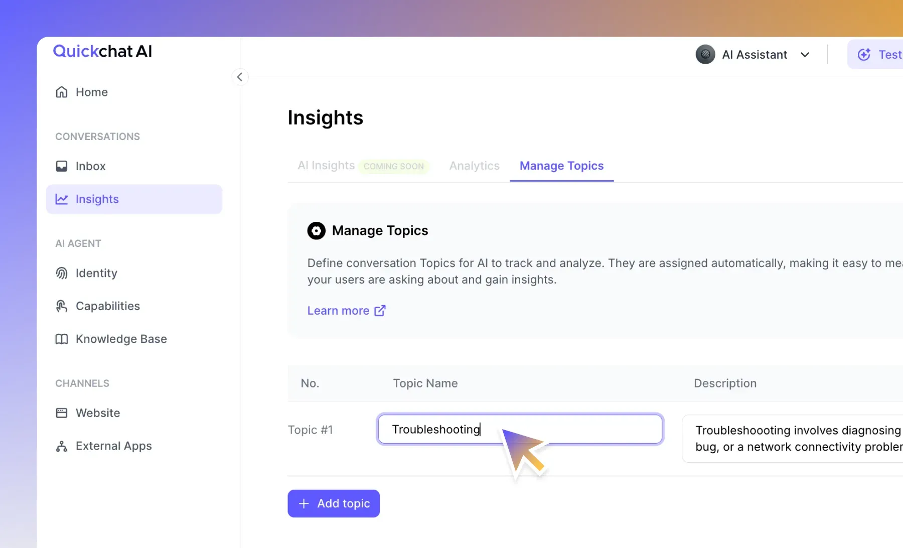 Screenshot of the Manage Topics tab in Quickchat AI